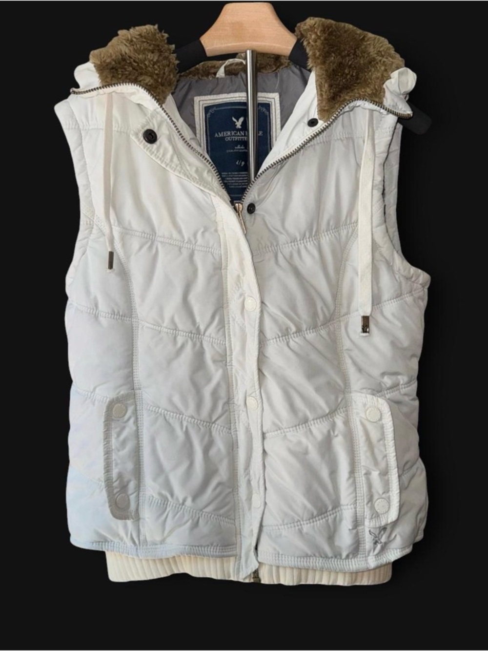 White Quilted Hooded Puffer Vest with fur hood